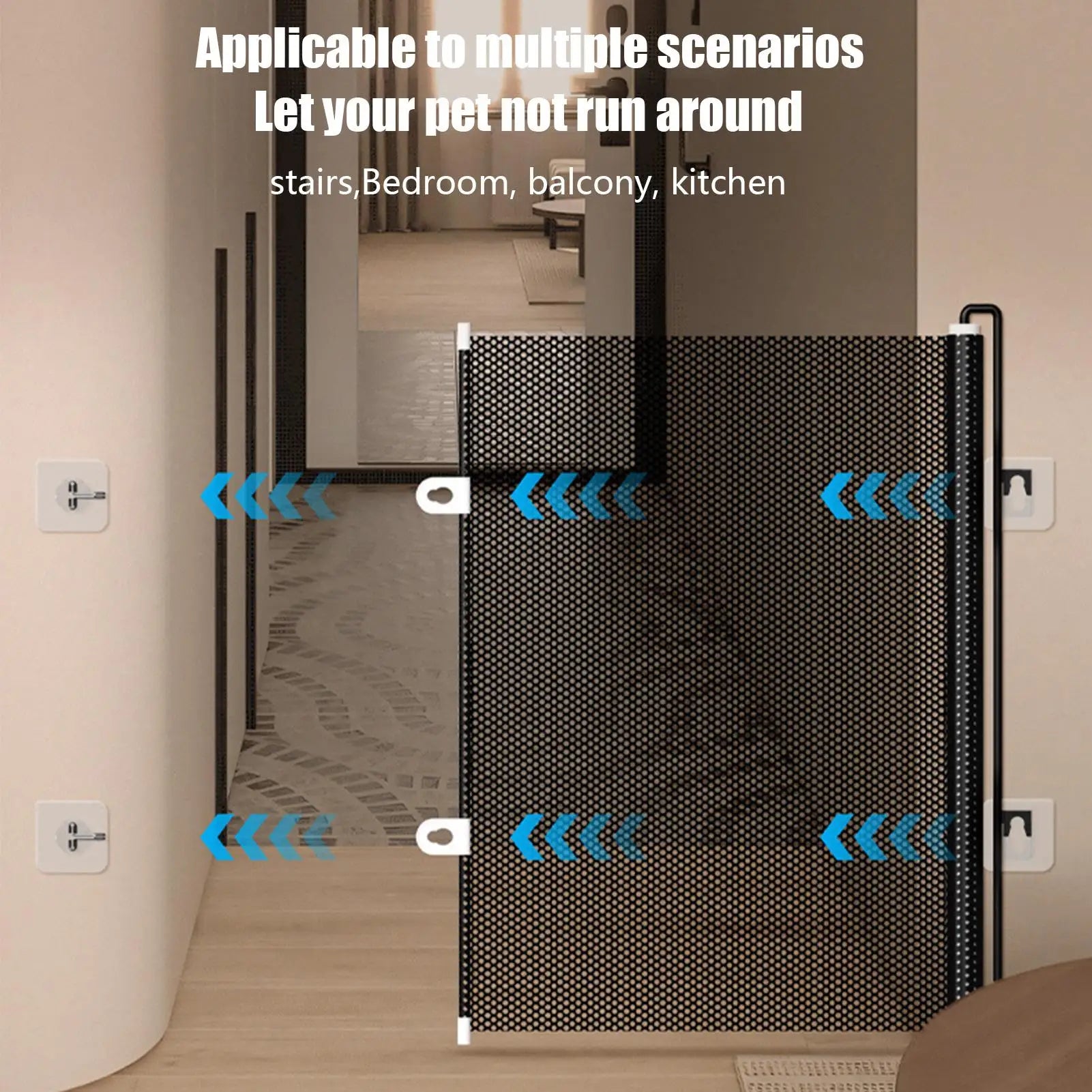 Retractable Pet Gate Extendable Mesh Safety Barrier for Dogs Cats No Drill Installation Child Proof Gate for Stairs Door Hallway