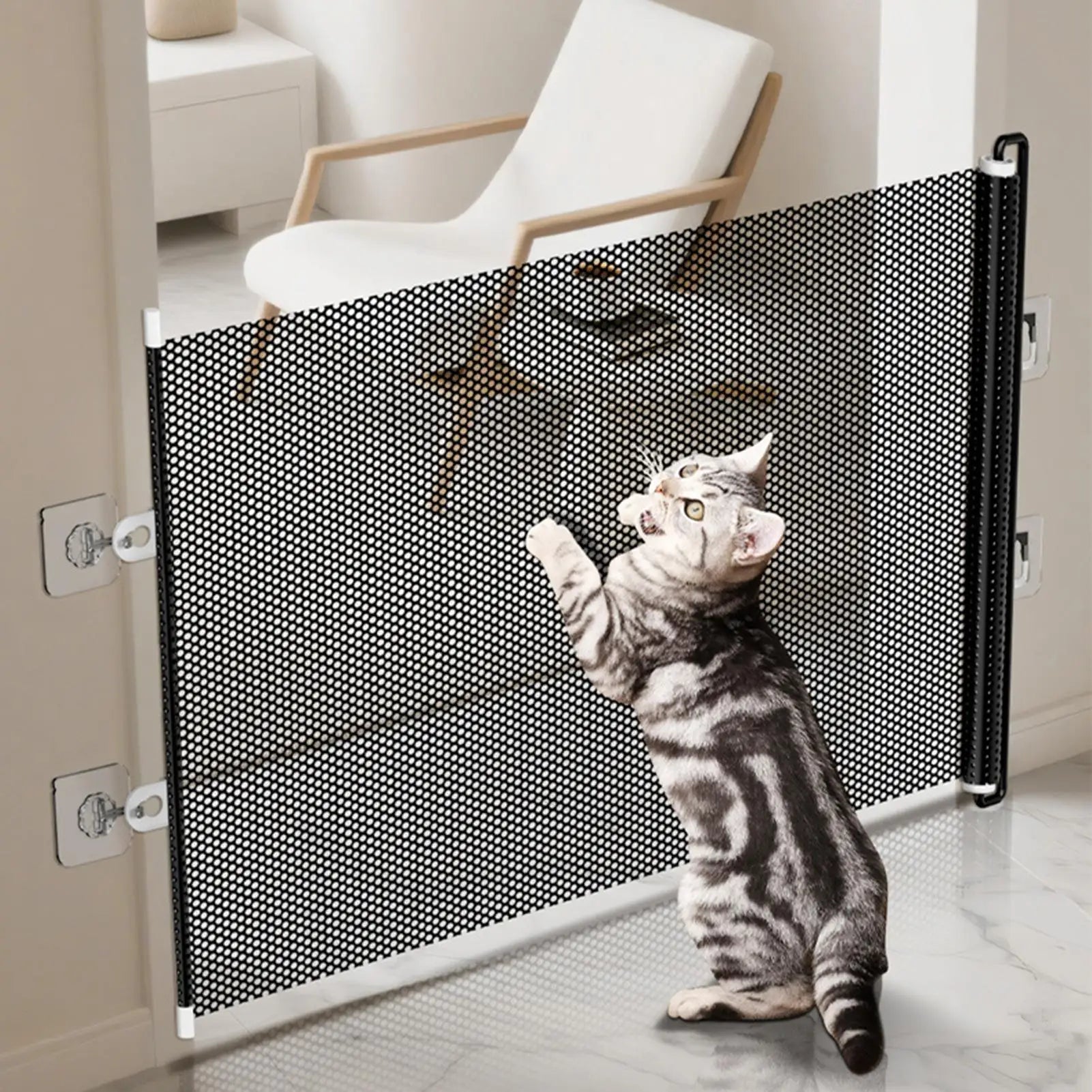 Retractable Pet Gate Extendable Mesh Safety Barrier for Dogs Cats No Drill Installation Child Proof Gate for Stairs Door Hallway
