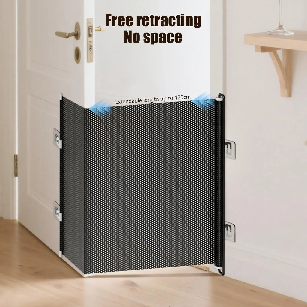 Retractable Pet Gate Extendable Mesh Safety Barrier for Dogs Cats No Drill Installation Child Proof Gate for Stairs Door Hallway