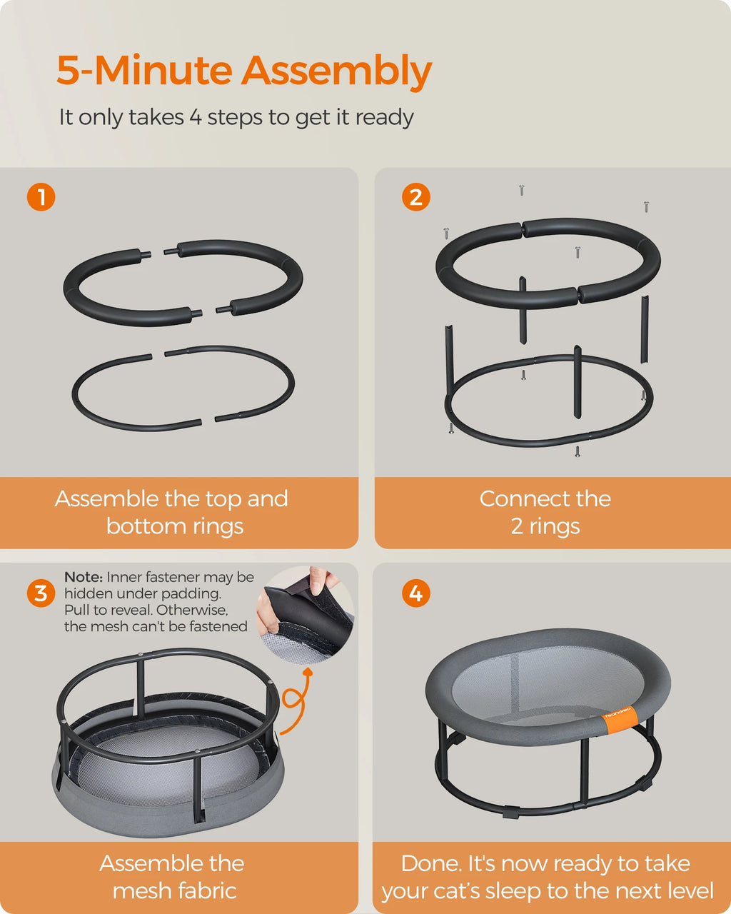 Feandrea Cat Hammock, Raised Cat Bed, Small Dog Bed, for Pets up to 8 kg, Free-Standing Pet Bed