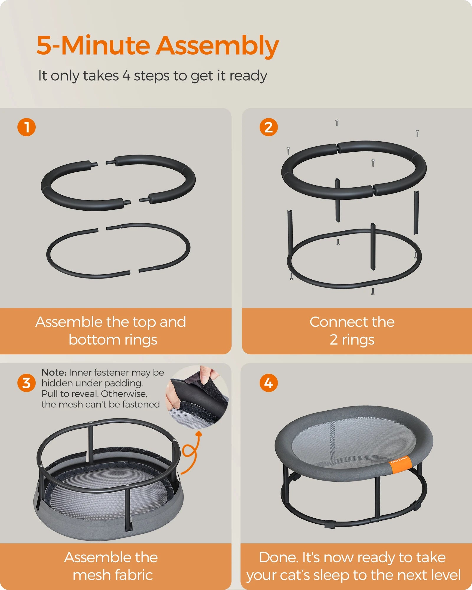 Feandrea Cat Hammock, Raised Cat Bed, Small Dog Bed, for Pets up to 8 kg, Free-Standing Pet Bed